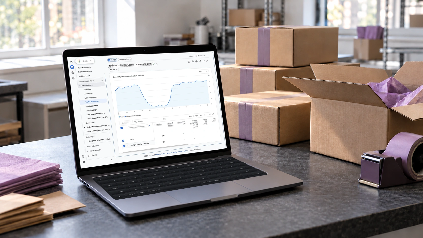 A laptop displaying an example GA4 ChatGPT source graph and navigation sits beside outgoing parcels on an online retailer’s dispatch counter
