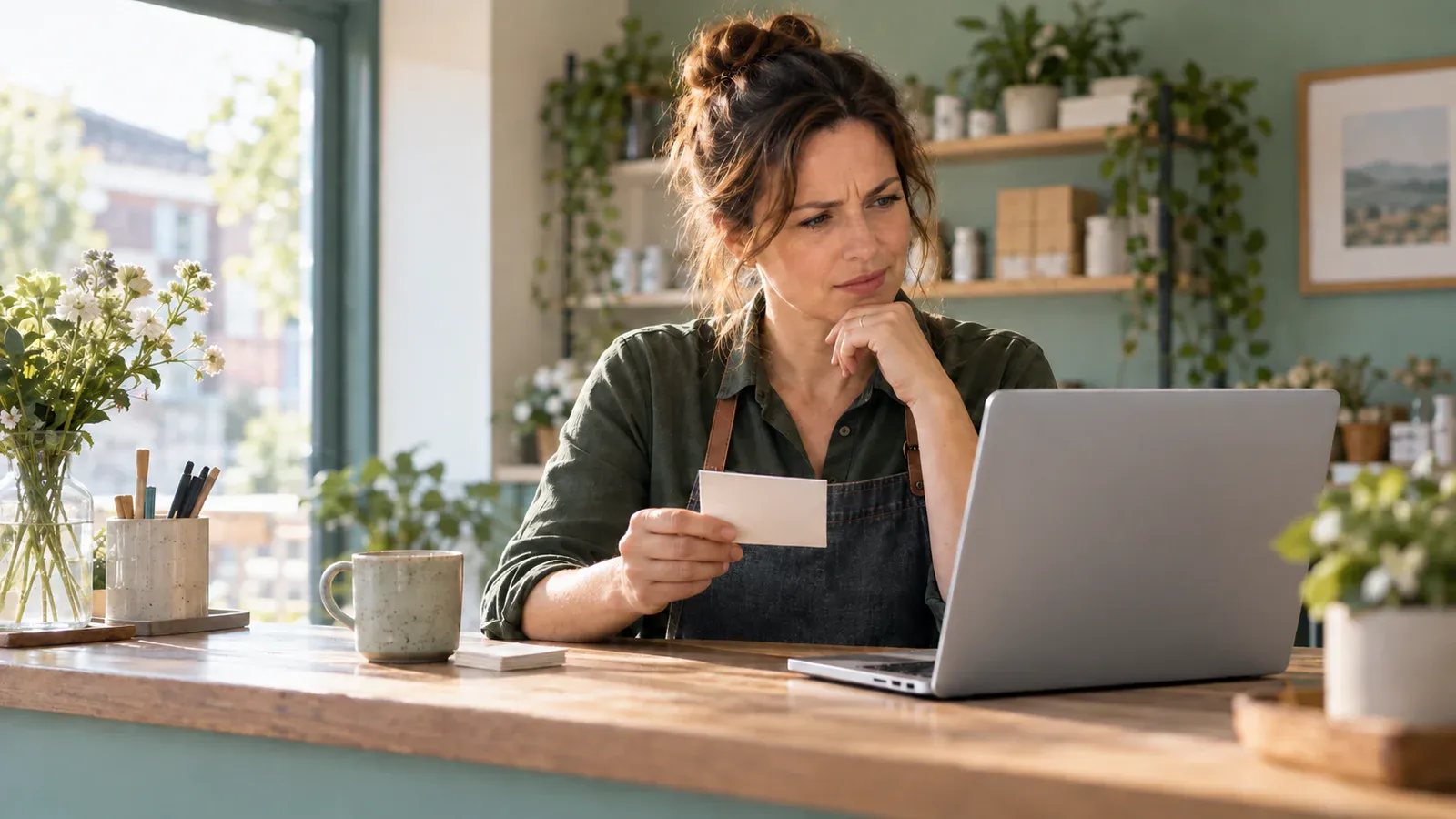 A puzzled small-business owner holds an information card while checking a laptop