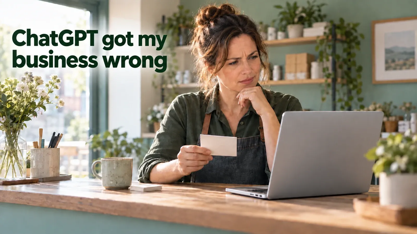 ChatGPT got my business wrong, beside a business owner checking a laptop