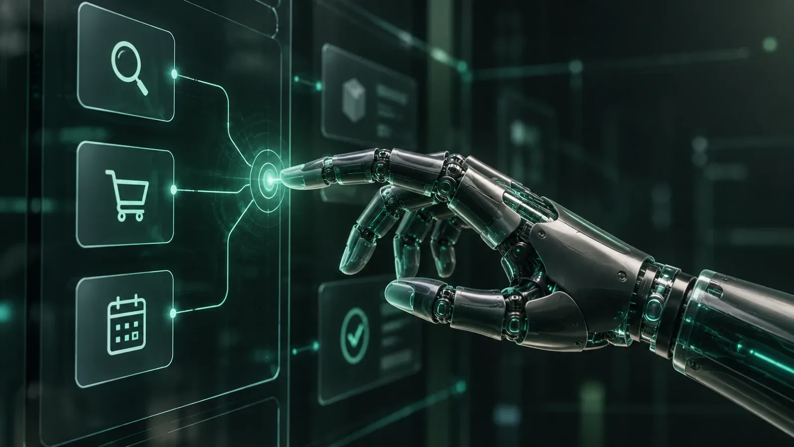 A synthetic AI hand touches a digital interface with structured paths to search, basket and calendar actions
