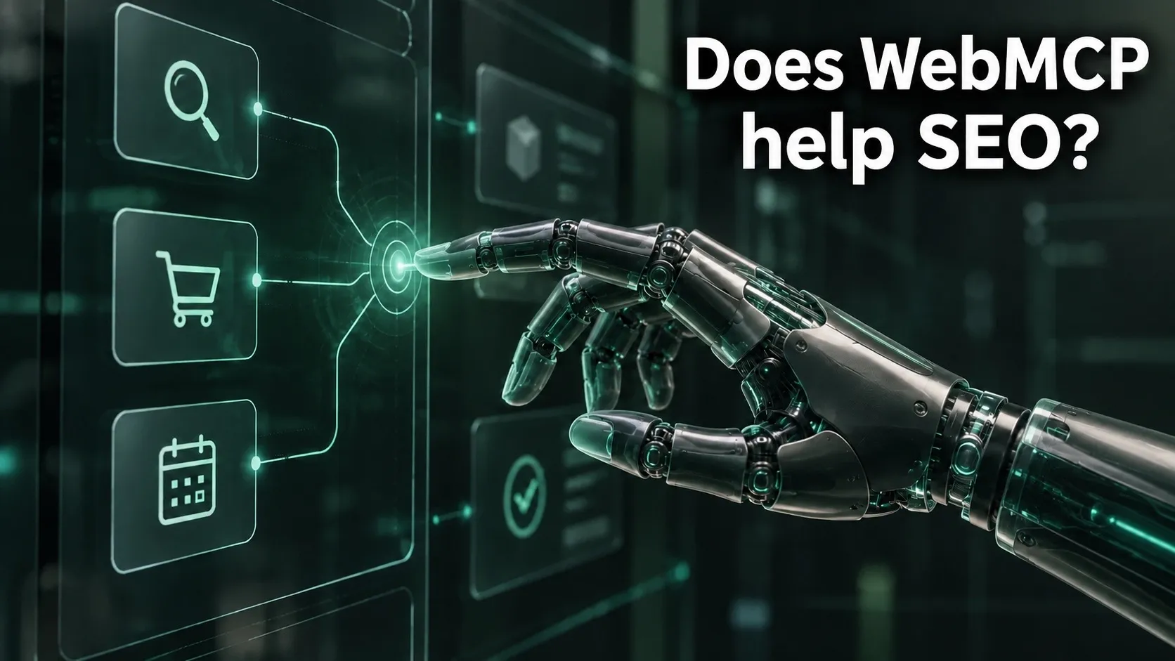 Does WebMCP help SEO? above a synthetic robotic hand touching a digital interface with search, basket and calendar icons
