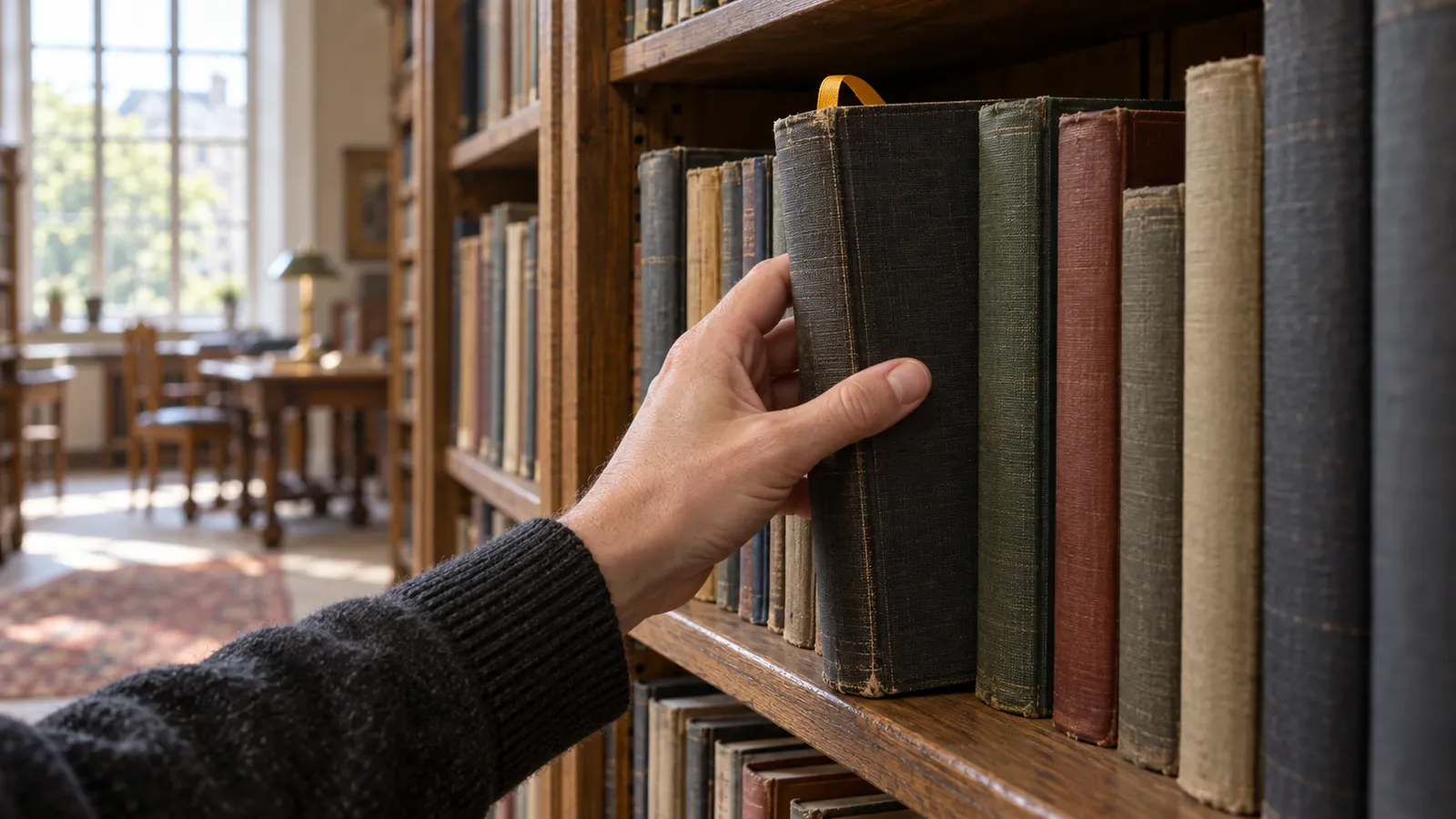 A reader pulls a saffron-bookmarked journal from a shelf of well-worn books in a sunlit reading room