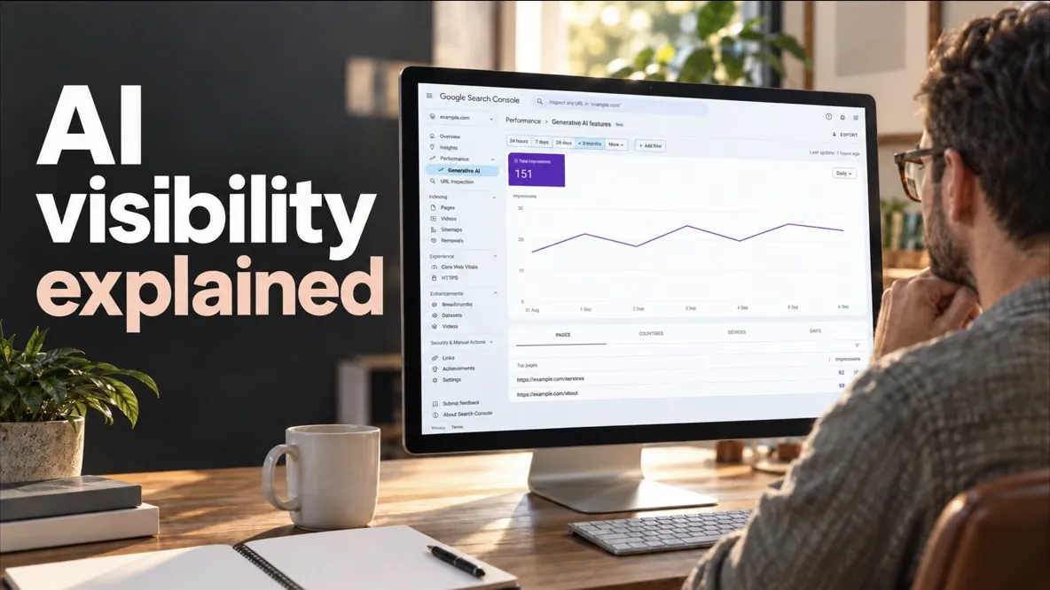 AI visibility explained, beside a person viewing a Google Search Console report on a desktop monitor
