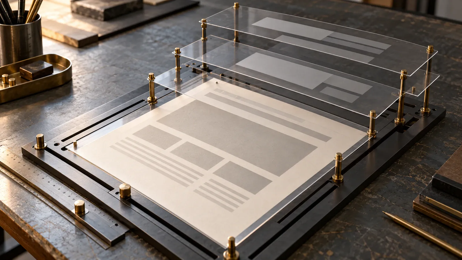 An unlabelled webpage proof sits beneath offset transparent diagnostic layers in a precision registration frame