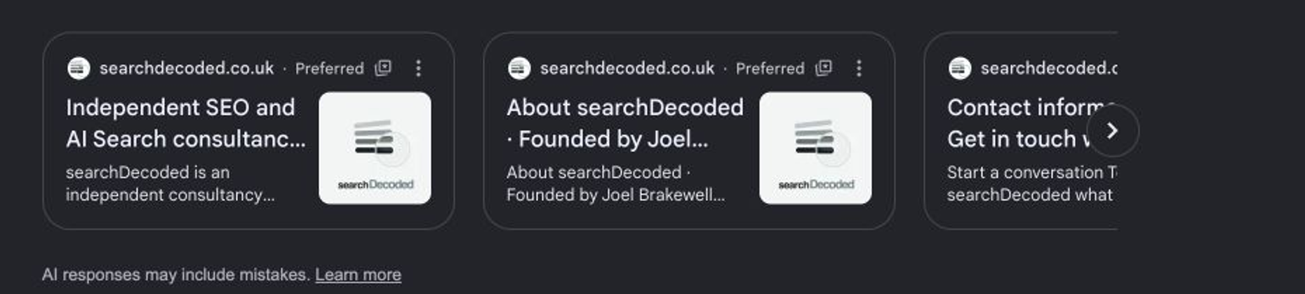 Google AI Overview source cards for searchDecoded with Preferred labels