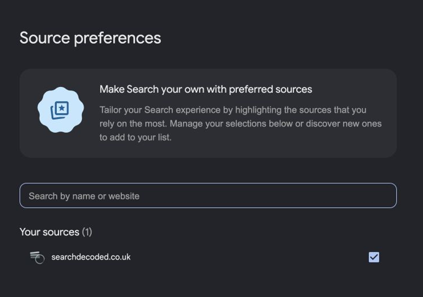 Google Source preferences page showing searchdecoded.co.uk selected