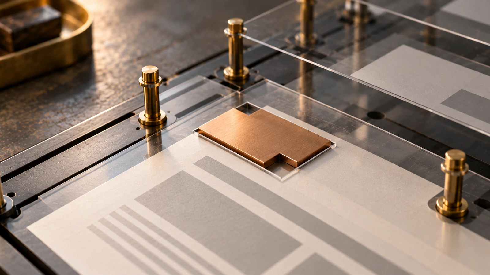 A copper service-need tile aligns with a clear aperture above an unlabelled webpage proof